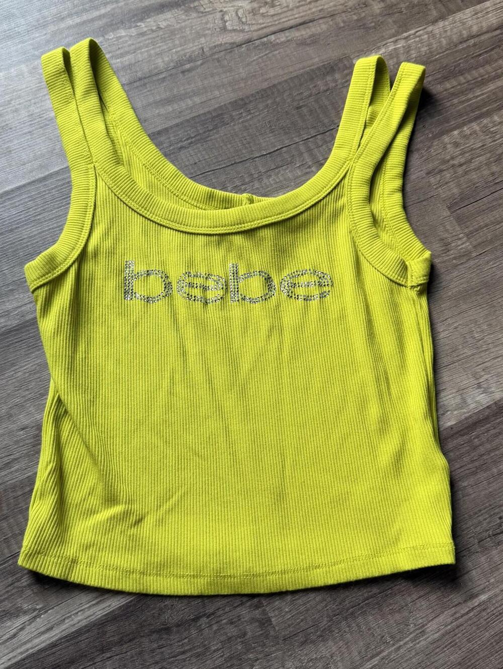 Sunny Lime Green Ribbed Tank Top with Sparkly Bebe Logo - S